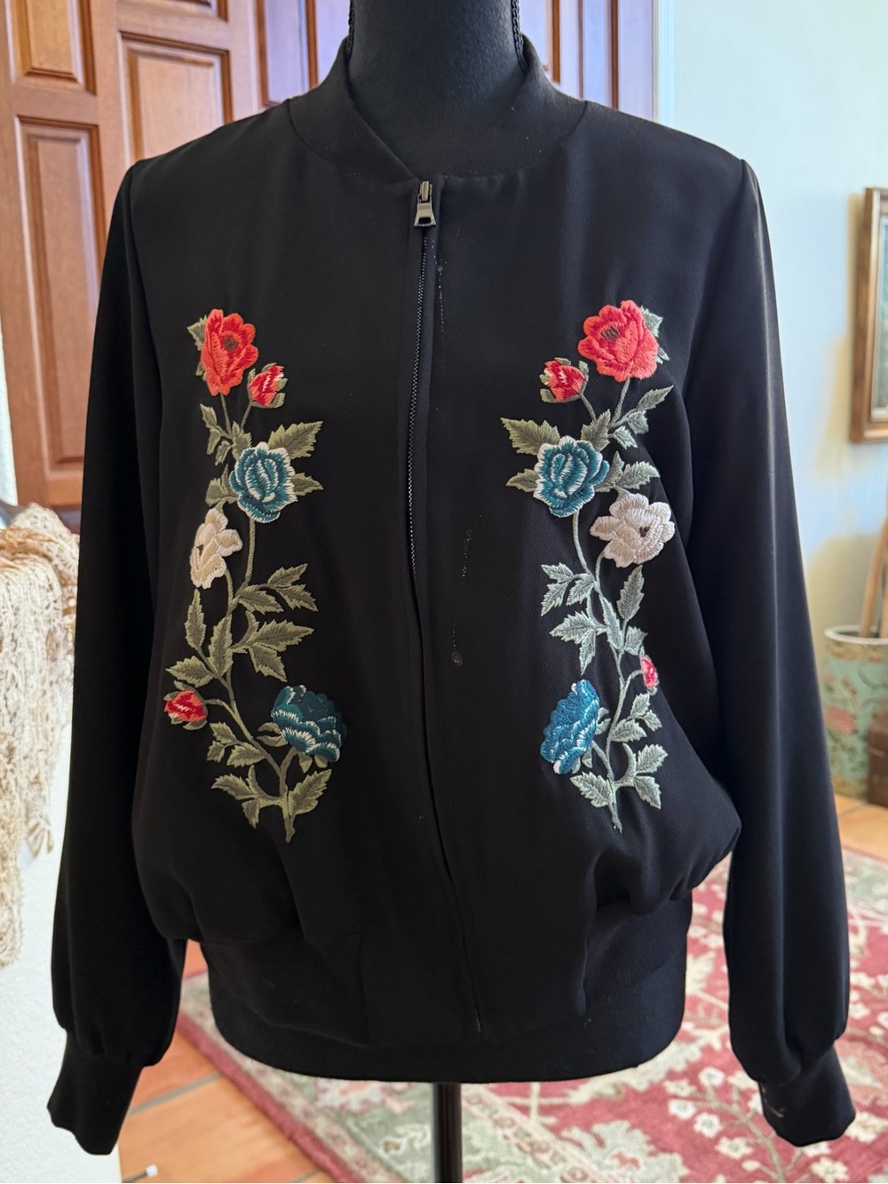 Karen Kane Black Bomber Jacket with Multicolor Floral Embroidery Size XS